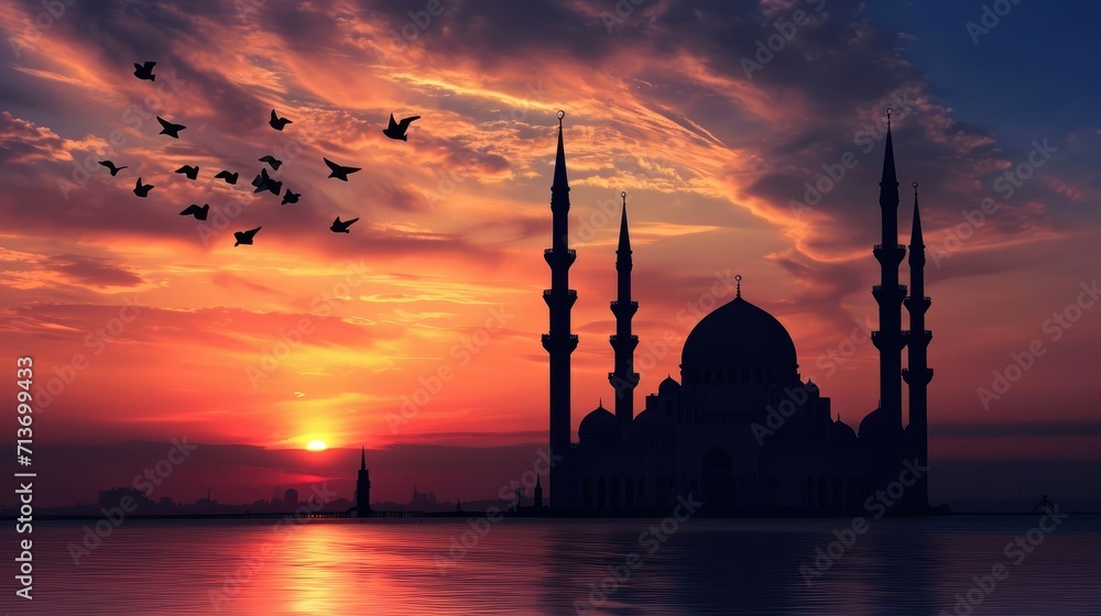 Serene Mosque Silhouette- Ramadan Kareem Eid Mubarak Background with Beautiful Sunset Sky