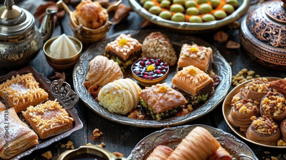 Traditional Ramadan Sweets- Eid Mubarak Background with Assorted Middle Eastern Desserts