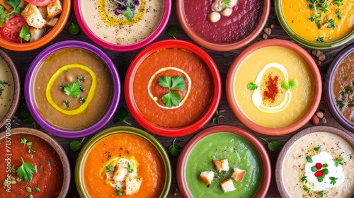 A vibrant array of colorful soups garnished with herbs and croutons offers a feast for the eyes.