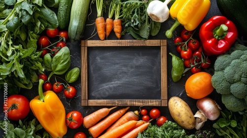 Chalkboard menu surrounded by a vibrant selection of fresh vegetables