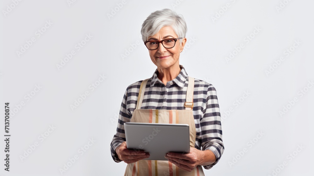 A Portrait of an elderly woman, confident elderly female farmer Wearing apron, holding tablet, checking work on empty space on isolated white transparent background, agriculture and technology. A Portrait of an elderly woman, confident elderly female farmer Wearing apron, holding tablet, checking work on empty space on isolated white transparent background, agriculture and technology.