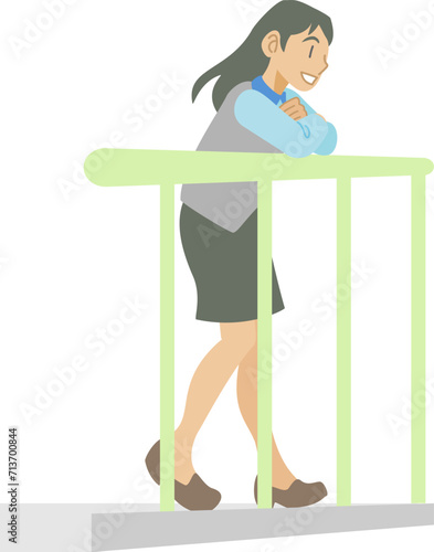 フェンスから景色を眺める女性のイラスト