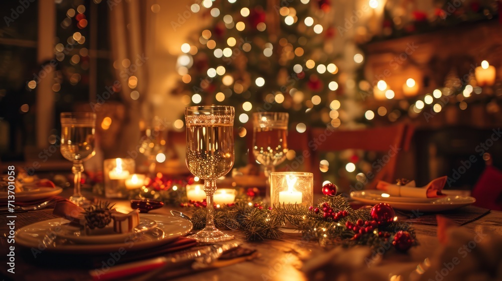Elegant Christmas table setting with warm golden lights and festive decor.