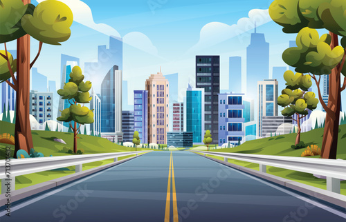 Empty road to city landscape illustration. Nature highway through meadow and trees to city cartoon vector background