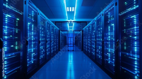 Futuristic server room corridor with blue LED lights and high-tech ambiance
