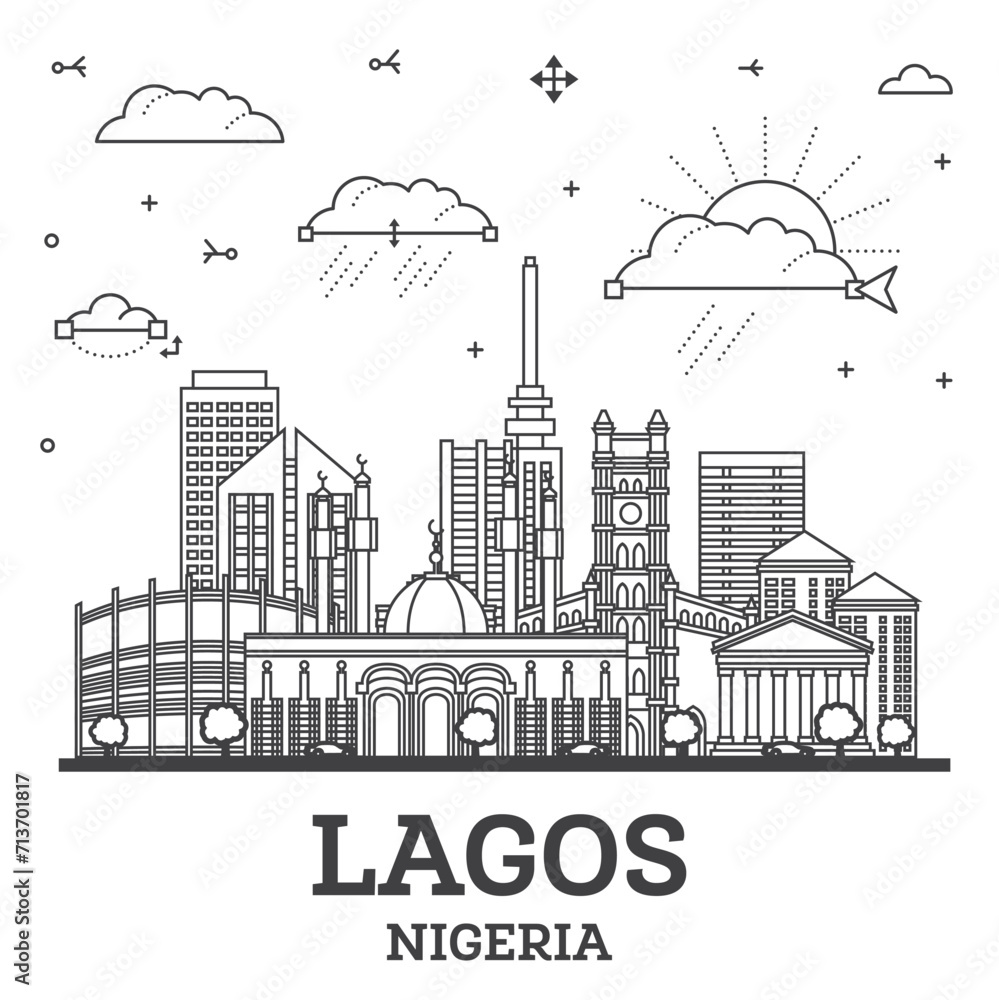 Outline Lagos Nigeria City Skyline with Modern Buildings Isolated on White. Lagos Cityscape with Landmarks.