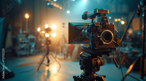 Vintage film camera on tripod in a cinematic studio setup with dramatic lighting