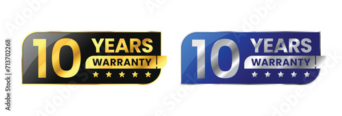 10 Years warranty label, badge, icon, logo. Parallelogram rhombus shape with gold and silver color. Vector Illustration