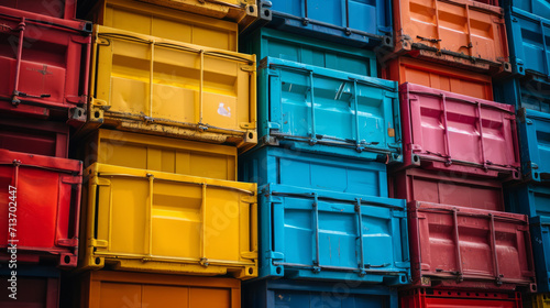 Vibrant stack of colorful shipping containers in a logistic hub. © rorozoa