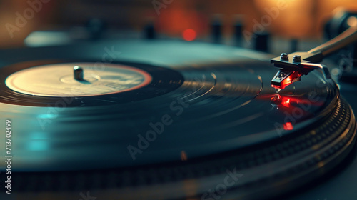 Close-up of a vinyl record on a turntable with needle tracing the grooves. photo