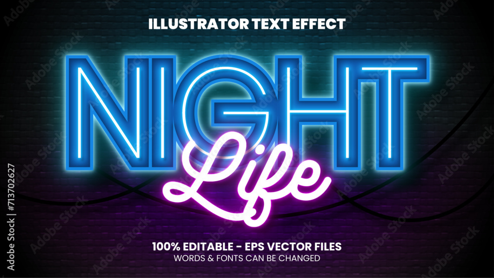 Editable Neon Night Life Text Effect Template - obrazy, fototapety, plakaty 