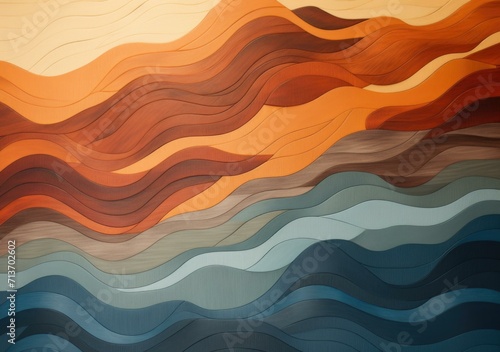 A mesmerizing abstract wooden landscape with cascading waves in rich timber colors. Generative AI.