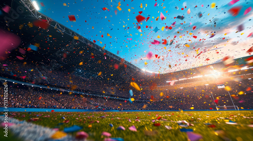 Confetti explosion in stadium celebrating a triumphant football match moment.