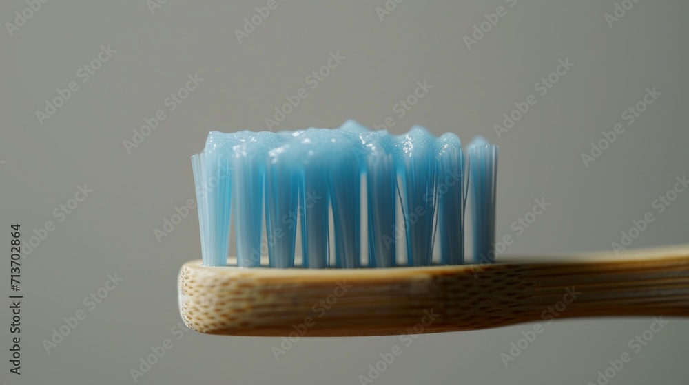 Eco-friendly bamboo toothbrush with blue bristles on minimal background Eco-friendly bamboo toothbrush with blue bristles on minimal background