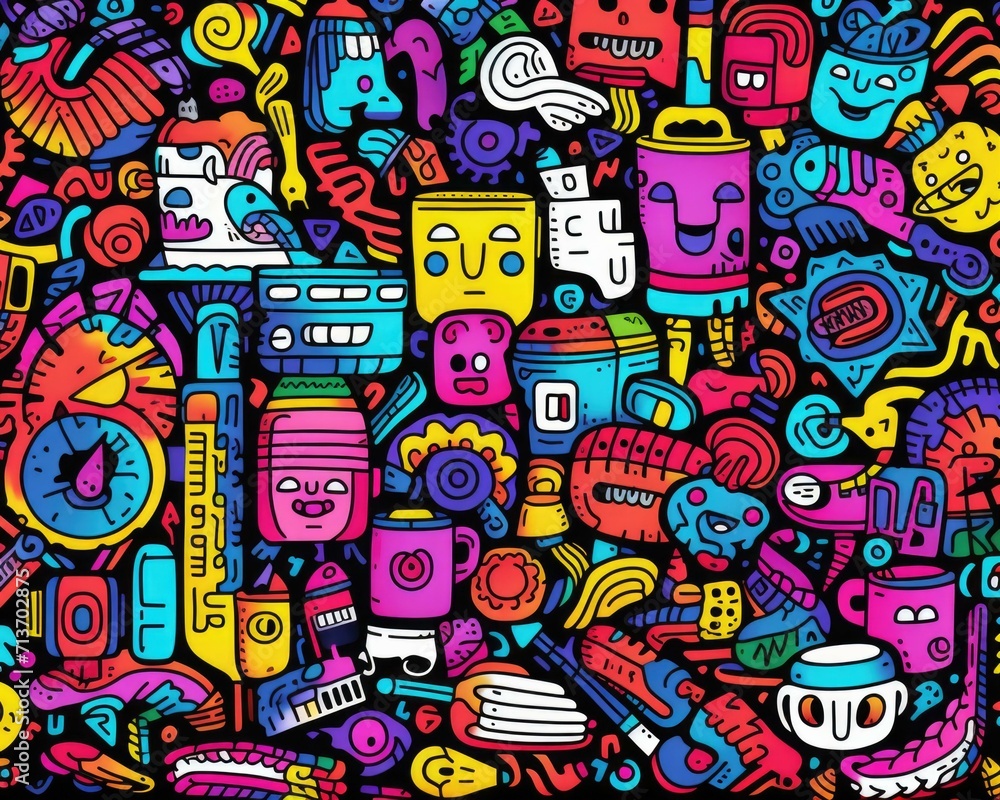 A brightly colored cartoon doodle illustration featuring a variety of everyday objects and items. Generative AI.