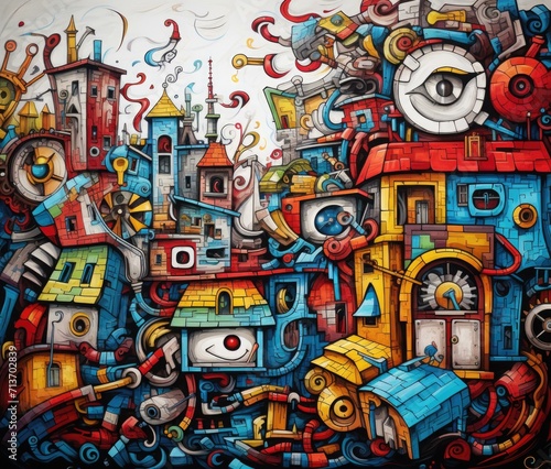A colorful painting of a city with many different objects. Generative AI. © serg3d