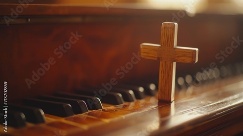 Simple wooden cross on the lid of a grand piano in a serene, reflective setting photo
