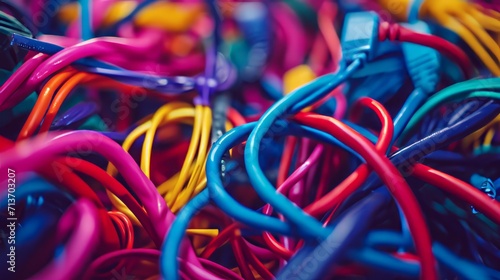 A chaotic jumble of colorful cables creates a vibrant abstract pattern.