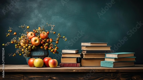 pile of books  stationery and apples on a wooden table with a minimalist background