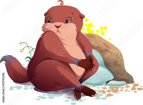 Groundhog day sad marmot sitting by hole weather forecast late spring