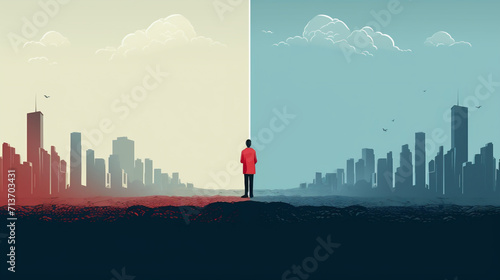 二極化した社会で佇む人物　AI生成画像