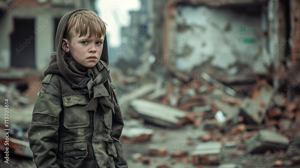 A dirty little boy standing alone, bokeh building ruins background. After war or natural disasters concept. A dirty little boy standing alone, bokeh building ruins background. After war or natural disasters concept.