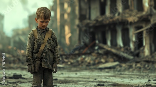 A dirty little boy standing alone, bokeh building ruins background. After war or natural disasters concept.