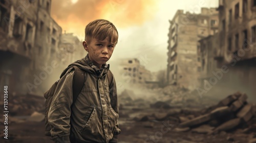 A dirty little boy standing alone, bokeh building ruins background. After war or natural disasters concept.