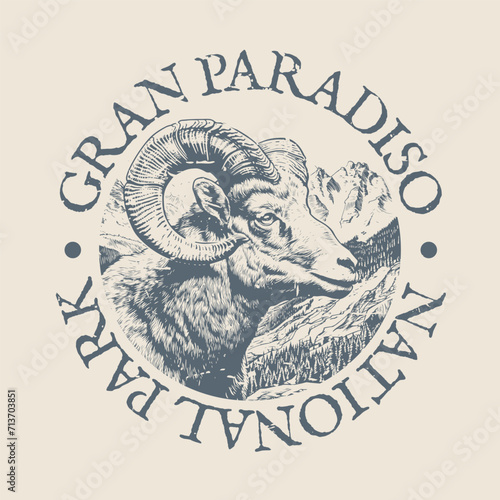 Gran Paradiso, Italy Illustration Clip Art Design Shape. National Park Vintage Icon Vector Stamp.