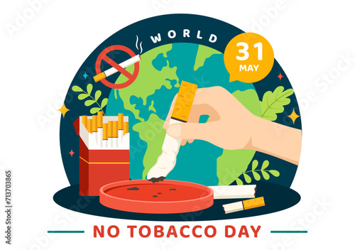 World No Tobacco Day Vector Illustration on 31 May with Stop Smoking and Cigarette Butt because Harm the Lungs in Healthcare Flat Background