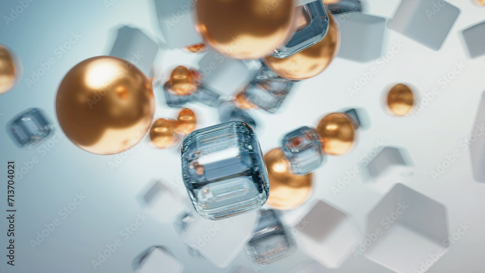 Fototapeta premium Abstract composition. Flying cubes and gold spheres. Soft focus. Blurred background