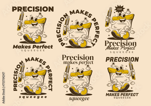 Precision makes perfect. Squeegee mascot character holding a blade, vintage style