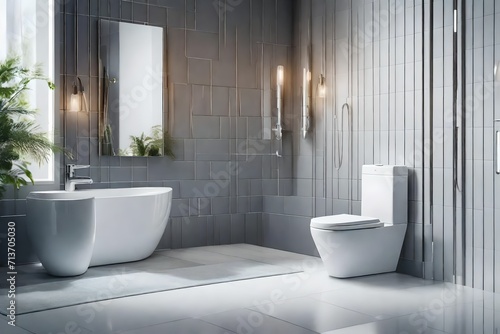 A sparkling clean bathroom space with an emphasis on hygiene and cleanliness. Perfectly lit  this super realistic image captures a white light highlighting a pristine toilet flush  promoting 