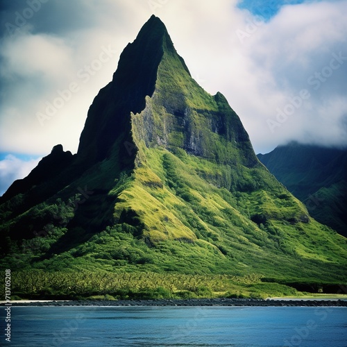 Mount Otemanu is a long-extinct volcano at the center of the island, lake in the mountains photo