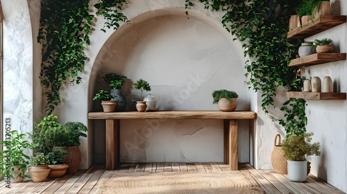 Mediterranean interior design architecture image of a rustic foyer with arches. There are shelves and decorative plants in the house.