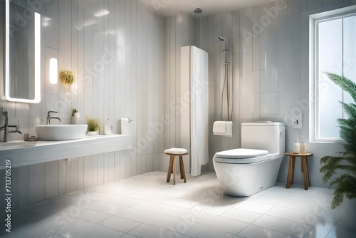 A sparkling clean bathroom space with an emphasis on hygiene and cleanliness. Perfectly lit, this super realistic image captures a white light highlighting a pristine toilet flush, promoting 