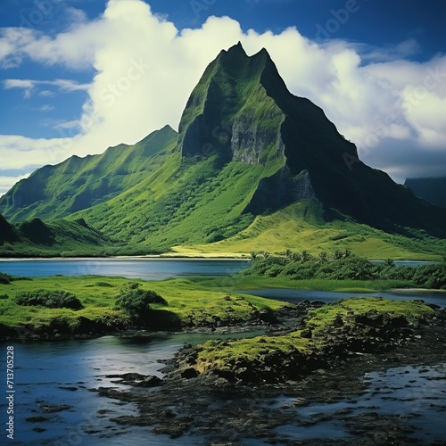 
Mount Otemanu is a long-extinct volcano at the center of the island, lake in the mountains photo
