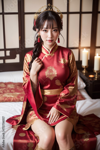 レトロな感じの赤い韓服をきて座っているアジア系美女