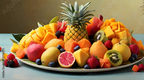 a colorful and exotic fruit platter  overflowing with a variety of tropical fruits such as mangoes  pineapples  and papayas. generated by Ai.