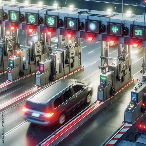 Digital Toll Network delivers latest Technology on Cross Border Travel illustration.Smart Toll Network with views of street lights, electric cars driving on the toll road. photo