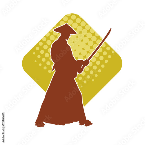 Silhouette of a kungfu or wushu martial art athlete in action pose. Silhouette of a male martial art person in pose with swords weapon.

