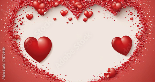 Valentines day background with red hearts and frame. 3d illustration