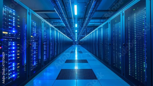 High-tech data center with vibrant red and blue server racks