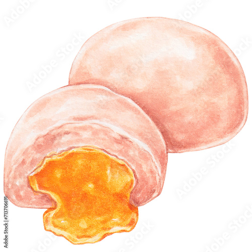 pan seared salted egg lava bun, watercolor asian food design