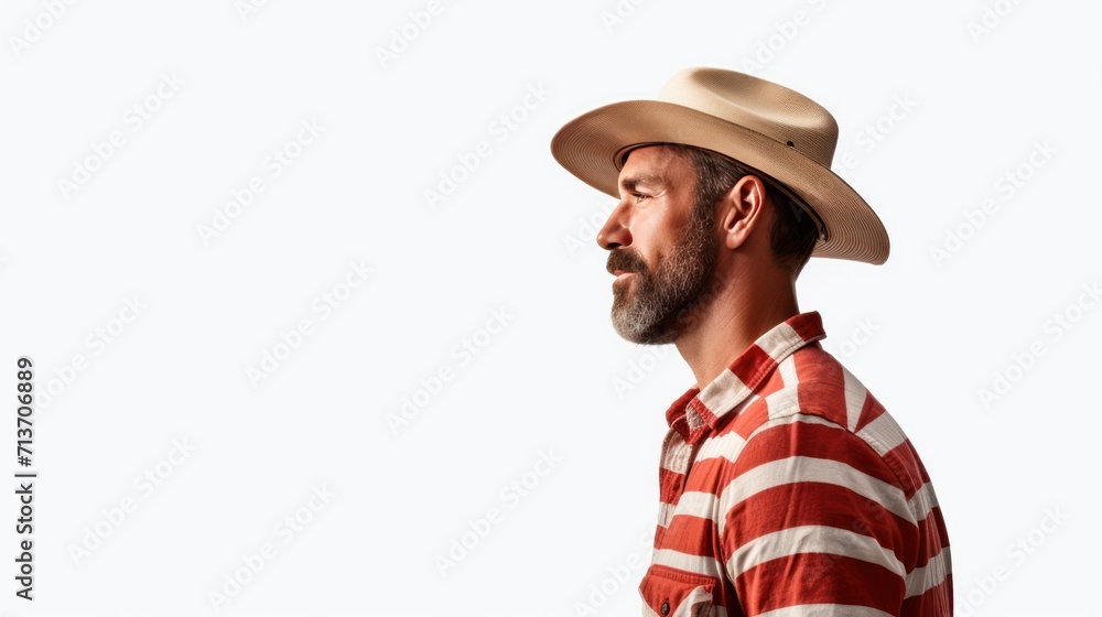 Agriculture, Confident Farmer Wearing a wide-brimmed hat and a red striped shirt, standing looking at the camera, isolated on a white transparent background. Agriculture, Confident Farmer Wearing a wide-brimmed hat and a red striped shirt, standing looking at the camera, isolated on a white transparent background.