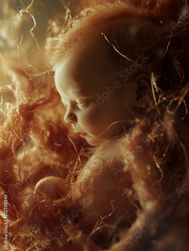 Portrait of a cute newborn baby girl in a nest of straw