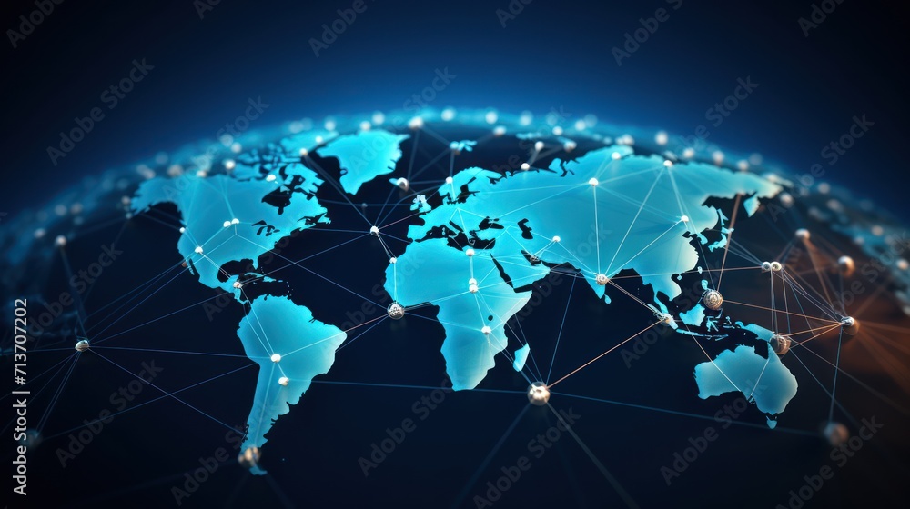 A World map infographic with communication network icons, photo, on a blue background. A World map infographic with communication network icons, photo, on a blue background.