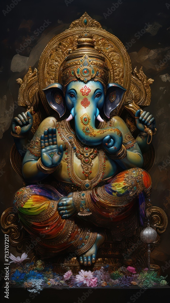 A Ganesha Oil Painting The full picture is straightforward. Abstract background. Sharp lines.