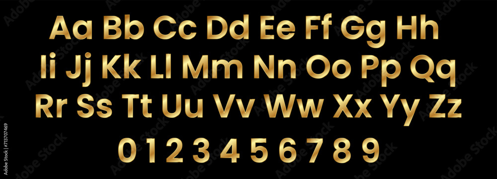 Set of gold isolated alphabet letters and numbers