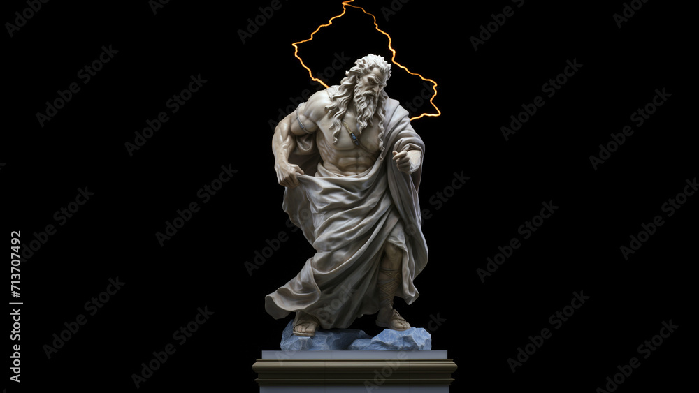 A statue of Zeus accompanied by a depiction of actual atmospheric thunder and lightning. A harmonious blend of natural beauty and the mythic power of Zeus